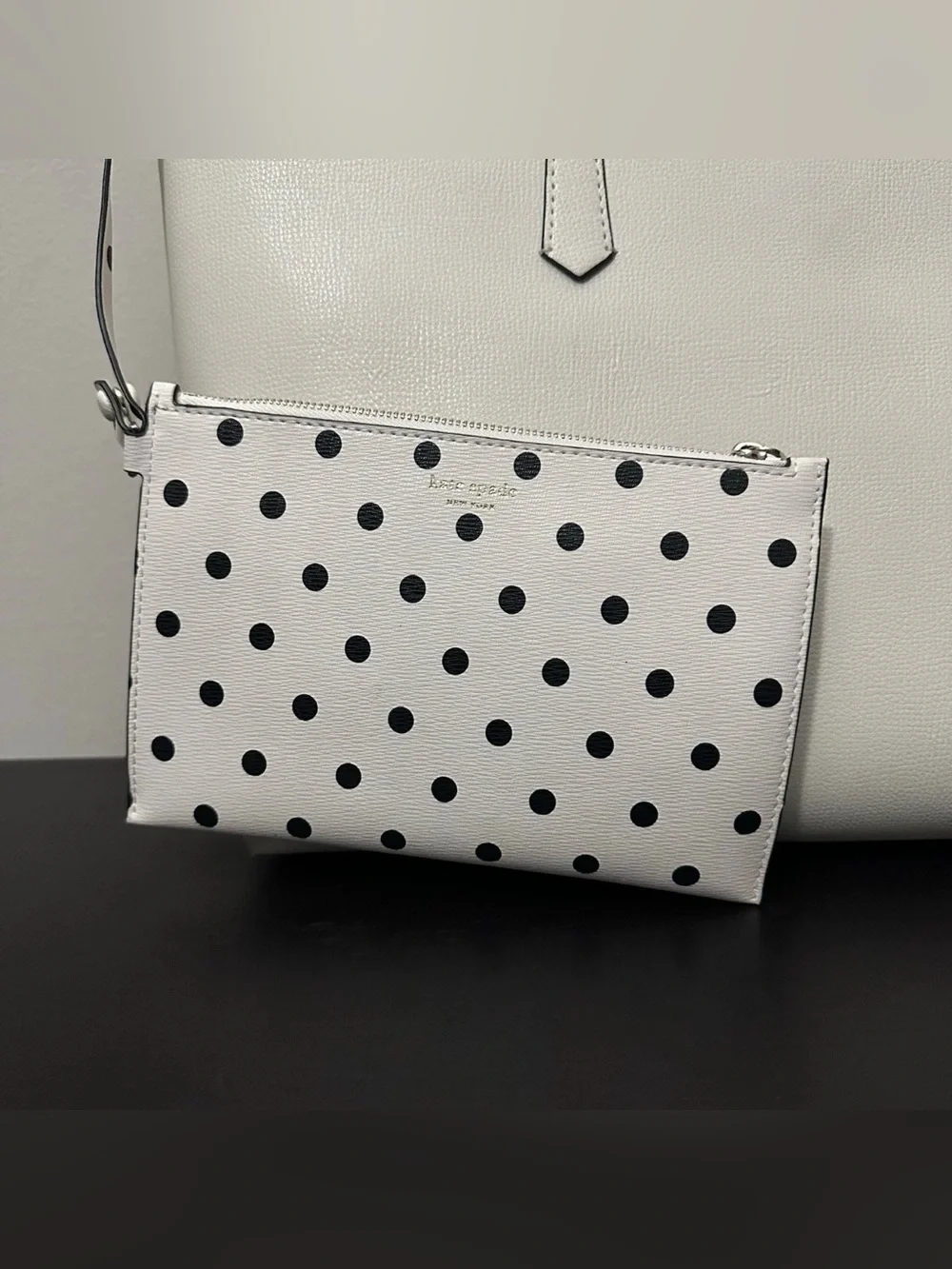 Kate Spade Molly Cabana Dot Pop Large Leather Tote White w/ Pouch